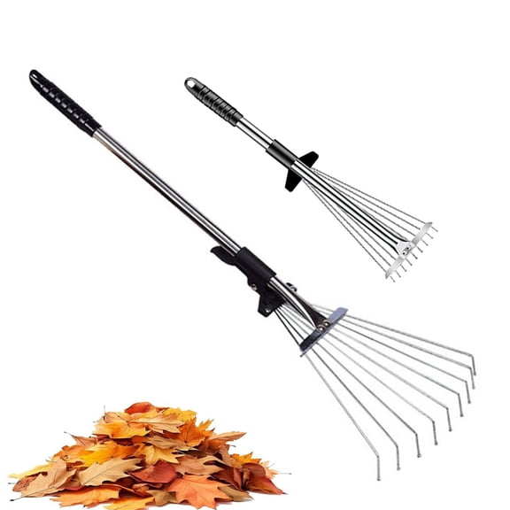 Fmxomd Adjustable Metal Leaf Rake with Long Handle - Heavy Duty Expandable Garden Rake for Efficient Lawn Cleanup, Perfect for Gardening, RV Camping, and Yard Maintenance Enthusiasts