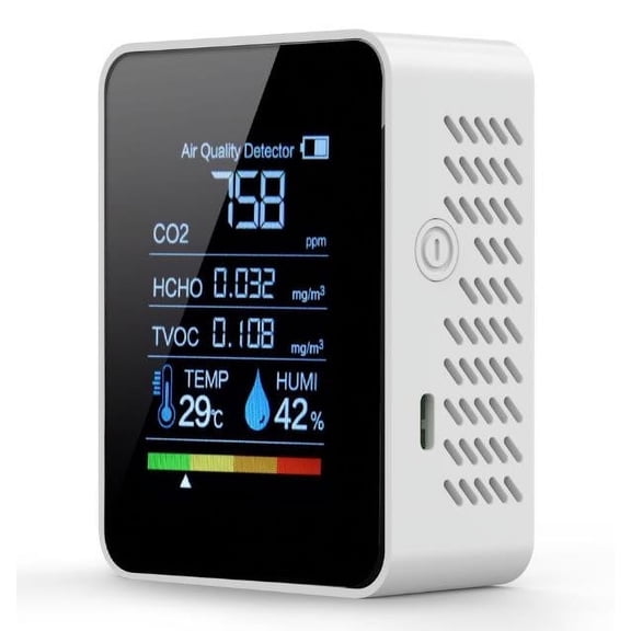 Fmxomd Air Quality Monitor Indoor, 5 in 1 Portable Real-Time Smart Air Quality Tester with CO2 Monitor, Temperature, Humidity Detector for Home, Office, Car, Hotel (White)