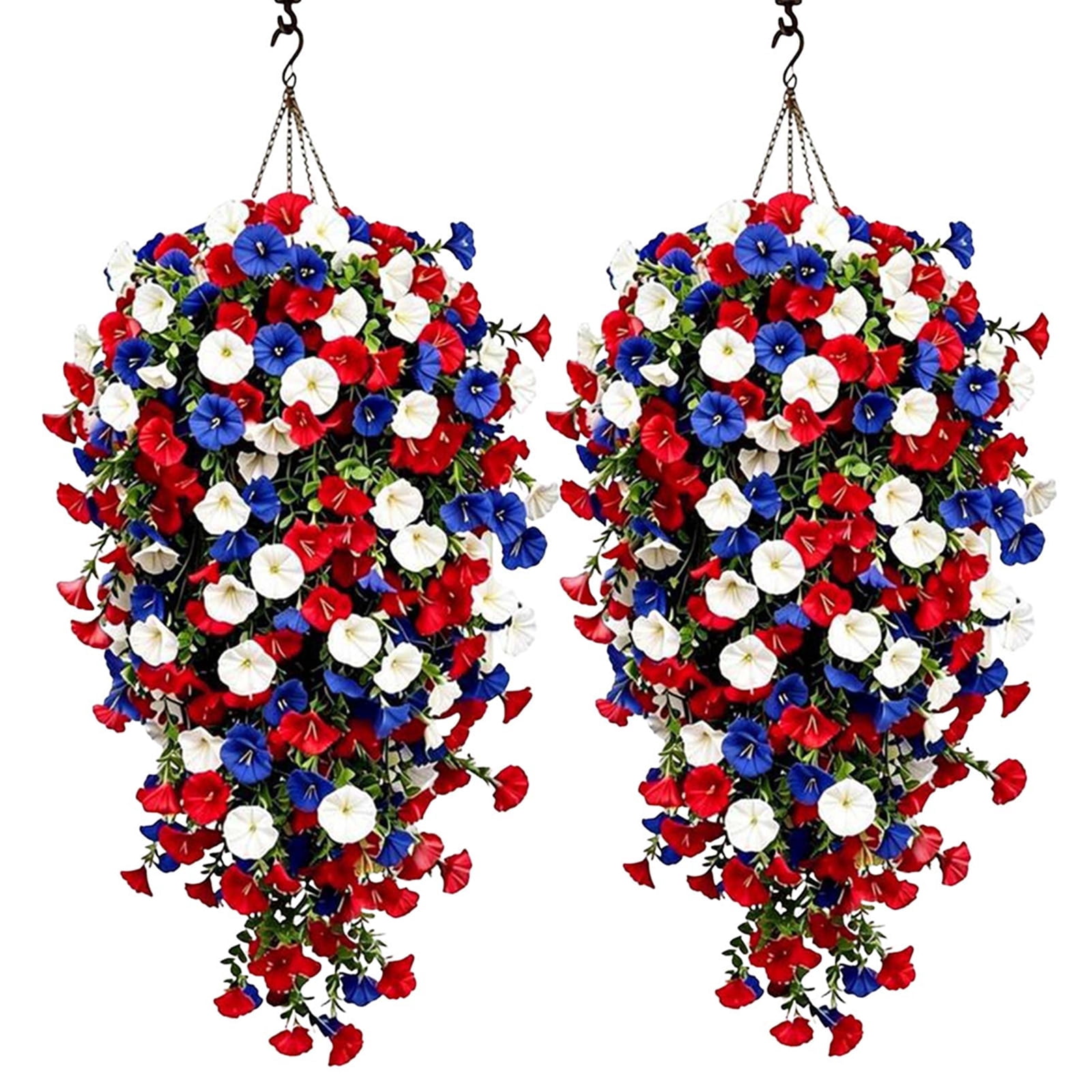Fmxomd Artificial Hanging Flowers Basket for Outdoor, Fake Flowers Faux Plants for Yard Gardens Porch Patio Home, 28" Patriotic Flowers for Summer Front Porch Patio 4th ofJuly Decor