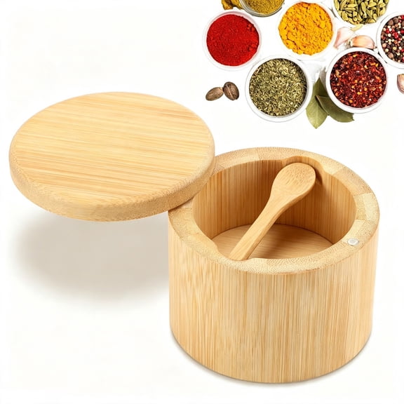 Fmxomd Bamboo Salt Cellar Spice Box 1Pack, 360 Magnetic Swivel Lid Salt Container with Built-in Spoon for Storing Table Salt, Pepper, Sugar, Sea Salt, Spices, and Herbs