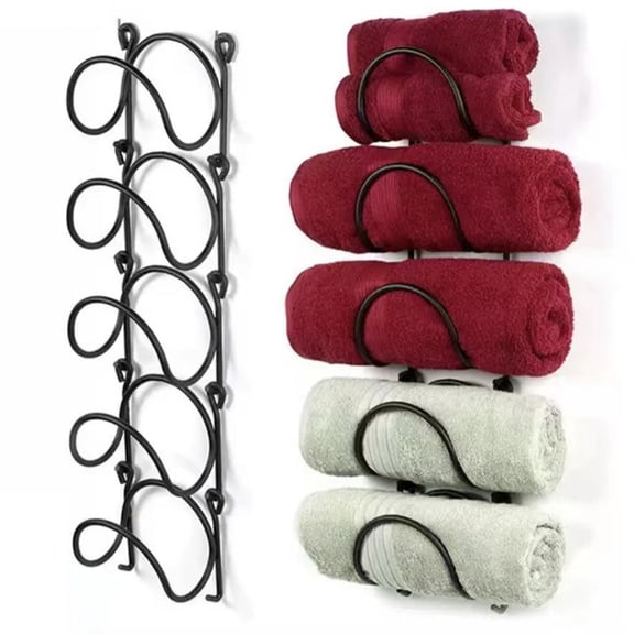 Fmxomd Bathroom Rolled Towel Rack: 5-Tier Wall Mounted Towel Storage Holder, Hanging Organizer for Towels, Blankets, Large Bath Sheets, Space Saving in RV, Closet, Toilet, Cabinet, Black