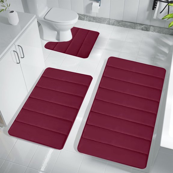 Fmxomd Bathroom Rugs Sets 3 Piece, Soft Absorbent Bath Mats and U-Shaped Contour Toilet Rug, Bath Mat Set for Bathroom (15"x17"+16"x24"+16"x20", Red)