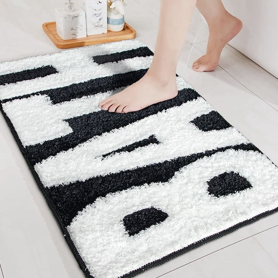 Fmxomd Black and White Bathroom Rugs, Bath Letters Non Slip Bathroom Mat, Soft Absorbent Cute Bath Mat, Machine Washable Quickly Dry Comfortable Bathmat for Bathtub, Bedroom, Shower, 16"x24"