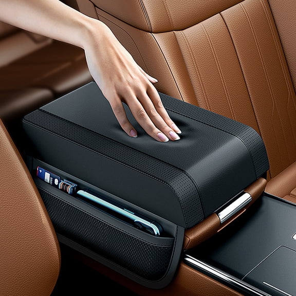 Fmxomd Car Center Console Armrest Pillow, Memory Foam Leather 4 in 1 Vehicle Arm Rest Cover with Tissue Box 2 Side Storage Bag Cup & Phone Holder, Auto Armrest Cushion, Universal Fit (Black)