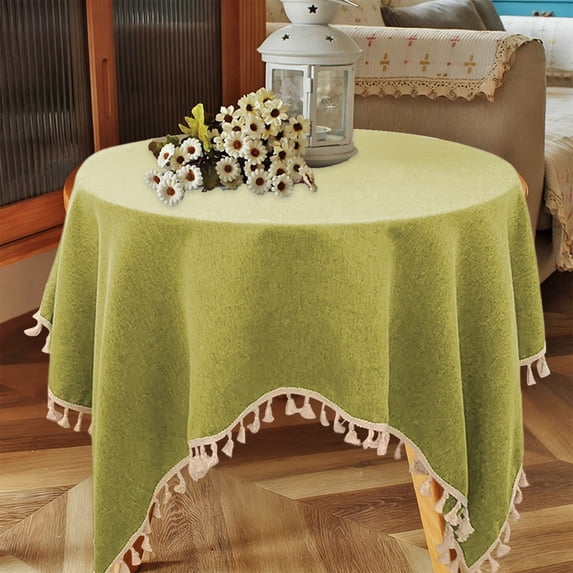 Fmxomd Cotton Linen Round Tablecloth with Tassel - Waterproof Spill Proof Table Cover for Kitchen Dining Tabletop Decoration, Green, Round - 35.43 inch, Green