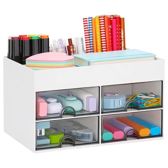 Fmxomd Desktop Organizer with Drawer, Accessories Statio/nary Organizer Desk Caddy, Pen/Pencil/Business Card/Sticky Note Tray/Paperclip Holder Storage Box (White)