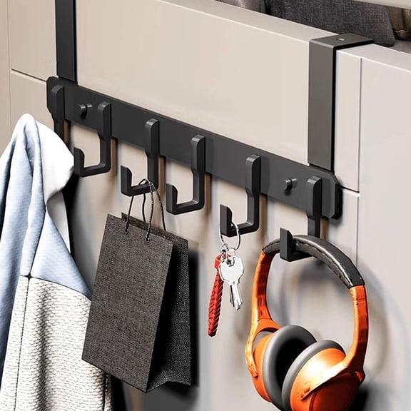 Fmxomd Over The Door Hooks for Hanging, Over The Door Hanger, Over The Door Towel Rack for Bathroom with 6 Coat Hooks, Bathroom Towel Holder Towels Hanger (Black, 1 Pack)