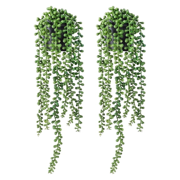 Fmxomd Fake Plants Indoor Artificial String of Pearls Plant in Black Pots, 2 Pack Realistic Green Faux Succulent Hanging Plants for Shelf Decor Desk Home Garden Decorations(18.5")