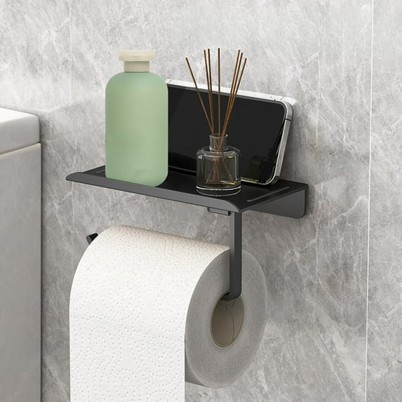Fmxomd Toilet Paper Holder with Phone Shelf Adhesive Wall Mount Toilet Tissue Roll Holder - Multifunctional Plastic Bathroom Storage Dispenser - Brushed Black