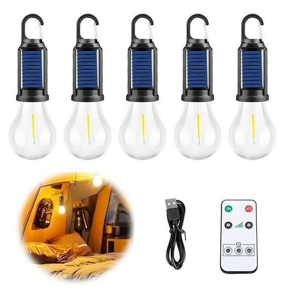 Fmxomd 4 Pack LED Solar Light Bulbs for Outdoor & Indoor - IPX4 Waterproof Solar Lights with Remote - Warm White Camping & Hiking Light with Clip - Solar Powered Bulbs