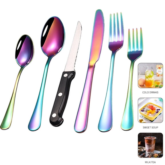 Fmxomd Silverware Set 6 Piece Premium Stainless Steel Flatware Set Heavy Duty Silverware Cutlery Sets with Knife Spoons and Forks Set - Dishwasher Safe - Multicolor