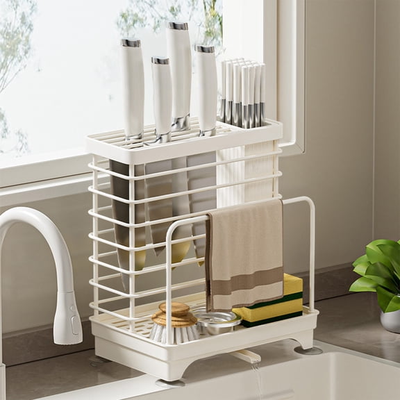 Fmxomd Universal Knife Block Holder Kitchen Knife Holder Storage Organizer - Kitchen Utensils Holder Cutting Board Rack Pot Pan Lid Holder with Drain Tray - White
