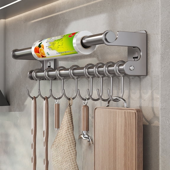 Fmxomd Kitchen Utensil Hanger Wall Mount - Adhesive Utensil Holder with 8 Hooks - No Drilling Space Saving Kitchen Rack Rail - Black 15.75Inch Utensil Organizer