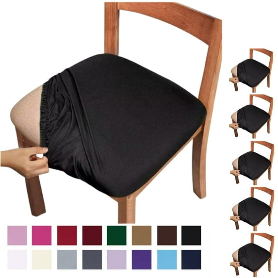 Fmxomd Seat Covers for Dining Room Chair Set of 6 - Stretch Fit Removable Washable Anti-Dust Desk Chair Seat Cushion Protectors - Black Chair Covers