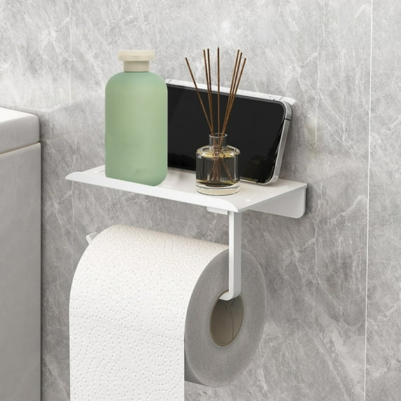 Fmxomd Toilet Paper Holder with Phone Shelf Adhesive Wall Mount Toilet Tissue Roll Holder - Multifunctional Plastic Bathroom Storage Dispenser - Brushed White