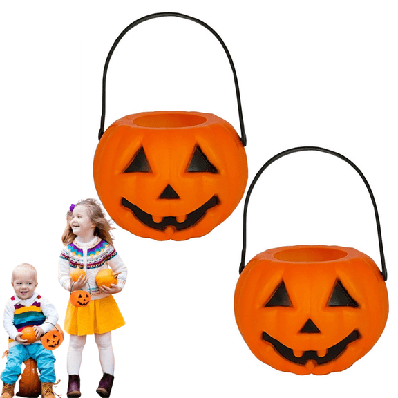 Fmxomd Halloween Pumpkin Candy Bucket - 2Pcs Plastic Bucket with Handle, Small Lantern Candy Holder for Home, Party Decor & Spooky Favors (2Pack)