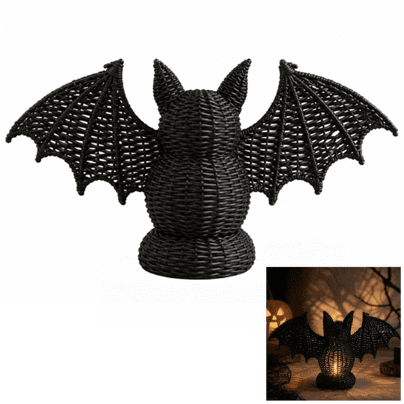 Fmxomd Hand Woven Black Rattan Bat Figurine Ornament, Rustic Wicker Handcrafted Bat Tabletop Statue, Spooky Halloween Home Decor, Small Woven Sculpture for Mantel, Shelf
