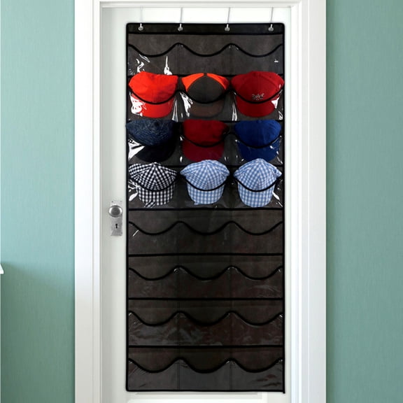 Fmxomd Hat Rack for Baseball Caps, 24 Pocket Over the Door Hat Organizer with 4 Hooks, Hat Holder for Door with Large Clear Pockets, Hat Storage to Protect and Display - 1 Pack