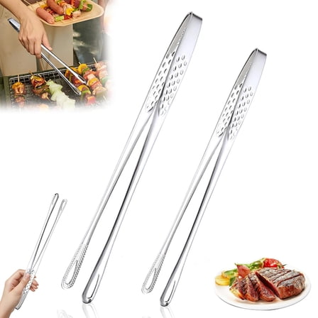 Fmxomd Heavy Duty 2 PC Kitchen Tweezers Tongs Metal 9.5 & 8.65 Inch Fine Tweezer Tongs, Extra-Long Stainless Steel Cooking Tweezers for Cooking, Repairing, Sea food and BBQ
