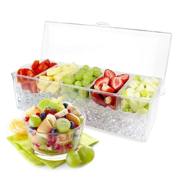 Fmxomd Ice Chilled Condiment Server, 5 Removable Compartments Condiment Containers with Lids Drain, Clear Garnish Tray Serving Platter Holder for Caddy Fruit Snack Sauce Taco Salad Bar Supplies