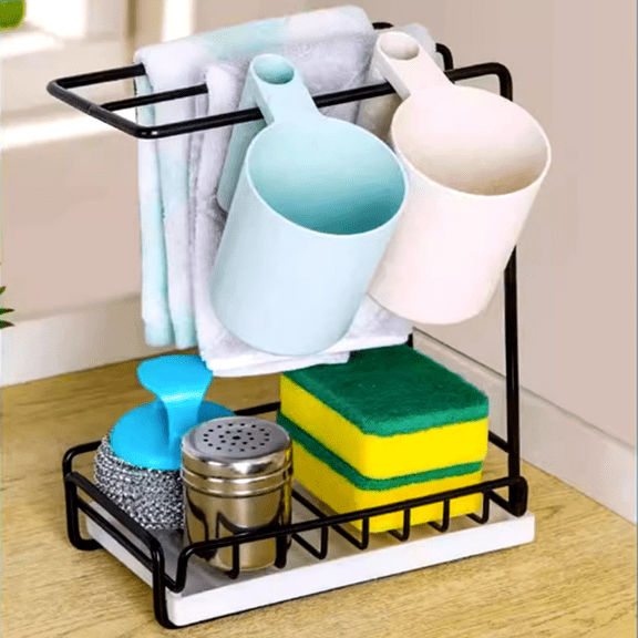 Fmxomd Kitchen Sink Caddy Sponge Holder with Dishcloth Drying Rack, Metal Kitchen Rag Stand Sponge Brush Soap Dish Dishcloth Rack Sink Storage Organizer for Kitchen Countertop (Black)