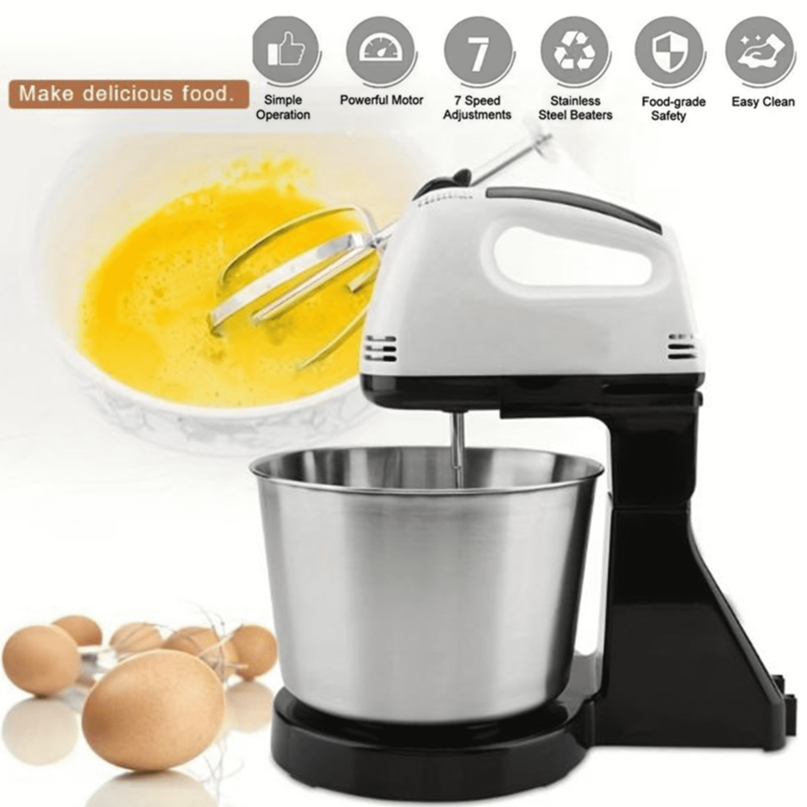 Fmxomd Kitchen Stand Mixer, 1.7Qt Small Electric Food Mixer, 7 Speeds Portable Lightweight Kitchen Mixer for Daily Use with Egg Whisk,Dough Hook,Flat Beater (Black)