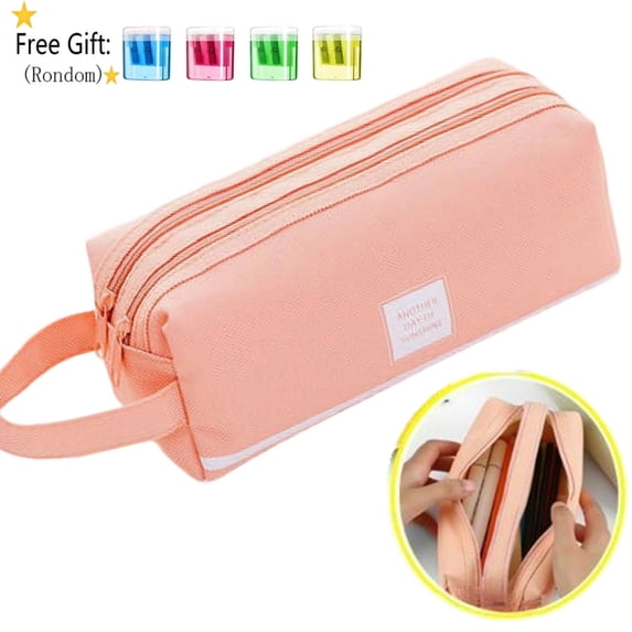 Fmxomd Large Capacity Pencil Case 2 Compartments, Pencil Pouch Bag with Zipper Portable Handle, Pen Case Bag Stationery Cosmetic Organizer for Home Office Adults Men Women, Pink