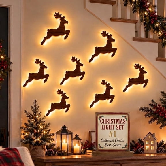 Fmxomd Light-Up Wooden Reindeer Christmas Wall Decor Lights, Reindeer Warm White Lighted Reindeer Decorations, Peel & Stick Christmas Wall Accents for Living Room, Fireplace Mantel, Entryway