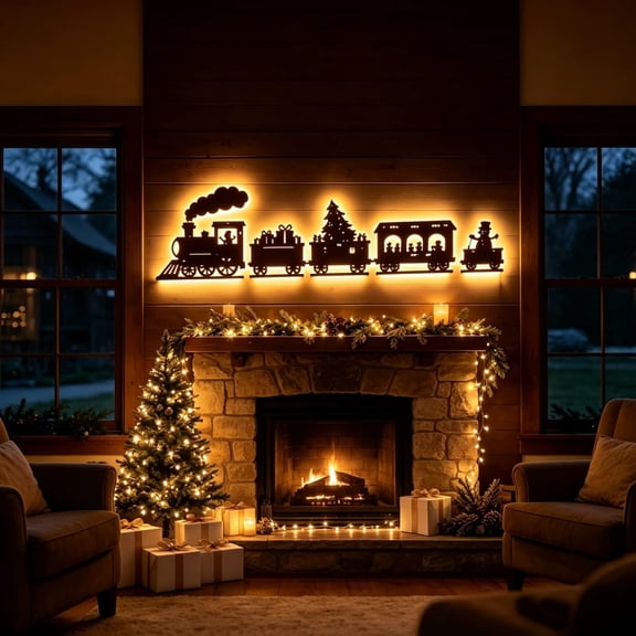 Fmxomd Light-Up Wooden Snowflake Christmas Wall Decor Lights, Snowflake Warm White Lighted Reindeer Decorations, Peel & Stick Christmas Wall Accents for Living Room, Fireplace Mantel, Entryway,Train