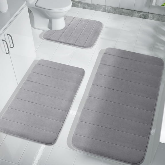 Fmxomd Luxury Microfiber Set 3 Pieces Bathroom Rug Mat 16"x24",16"x20"and U-Shaped Contour Toilet Rug 15"x17",Soft Absorbent Bath Rug Non-Slip Plush Shaggy Bath Carpet,Light Gray