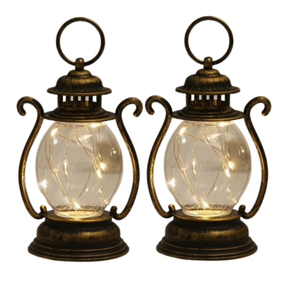 Fmxomd Mini Chrismtas Lantern with String LED, Battery Powered,Decorative Hanging Light, Christmas Decoration Mini Lamp, Battery Lantern Indoor Use(2Pack, Bronze)