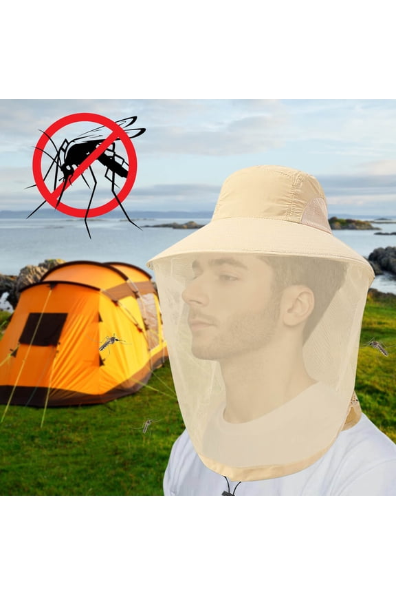 Mosquito Head Net Hat, Sun Hat with Veil Mesh Protection, Adults Fishing Face Cover for Outdoors Bucket Hat with Hidden Net Mesh, Khaki