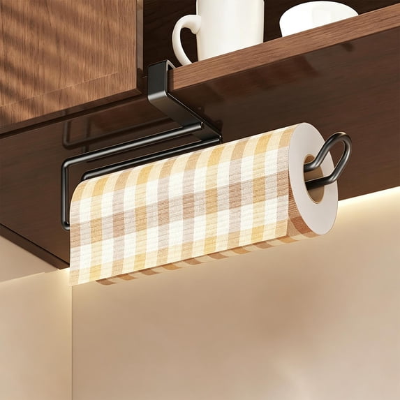 Fmxomd Paper Towel Hanger Holder Stainless Steel Kitchen Roll Paper Towel Holder Tissue Hanger Organizer Rack for Kitchen Under Cabinet Over Door (Black)