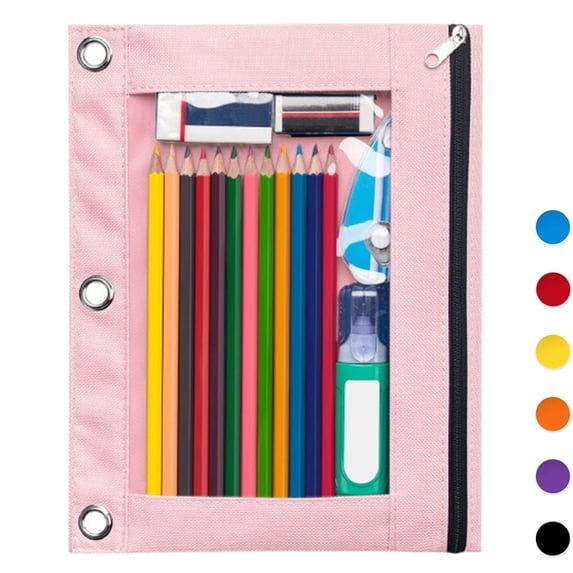 Fmxomd Pencil Pouch for 3 Ring Binder, Large Pencil Case Pouch with 3 Reinforced Grommets, Pen Bag, Clear Window Pencil Case, Binder Cosmetic Bag, Pink(1Pack)