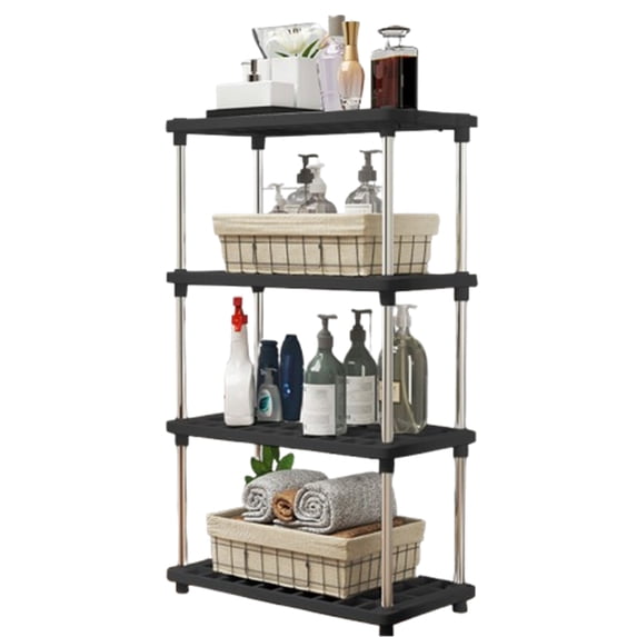 Fmxomd Plastic Storage Shelves, 8.6 D x 16 W x 31.5 H Plastic Shelves for Storage, 4-Tier Shelving Unit, Storage Rack, 200 lbs, Bathroom, Laundry, Garage & Home, Black
