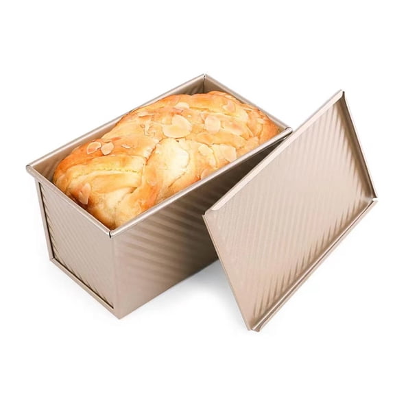 Fmxomd Pullman Loaf Pan with Lid, 1 lb Dough Capacity Non-Stick Bakeware for Baking Bread, Carbon Steel Corrugated Bread Toast Box Mold with Cover for Baking Bread, Gold