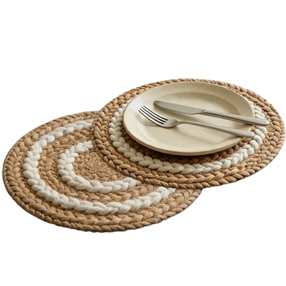 Fmxomd Round Linen Woven Placemats Set of 2, 15 Kitchen Table Place Mats for Dining Table, Trivets for Hot Pots and Pans, Boho Table Decorations for Table Setting, Tabletop Accessories