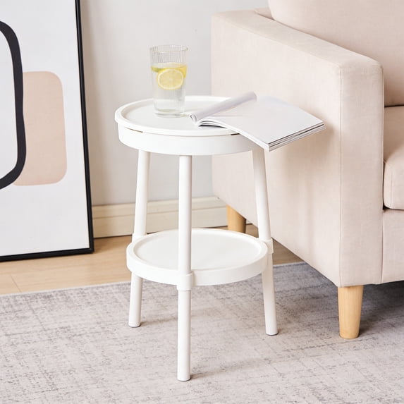 Fmxomd Round Side Table, 2-Tier Small End Table with Storage Shelf, Ultra Stable Coffee End Table/Nightstand, Modern Farmhouse Couch Table for Living Room, Bedroom, Bedside Stand/Small Spaces