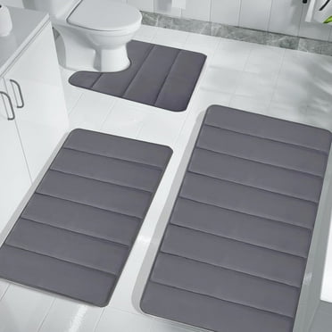 Fmxomd Set of 3 Absorbent Memory Foam Bath Mat Bathroom Rugs,Dark Grey, Large 16"x24", Small 16"x20", Contour 15"x17"
