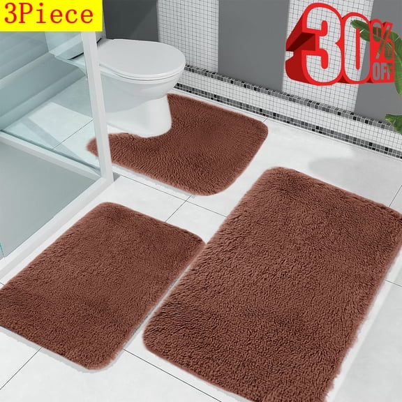Fmxomd Shaggy Bathroom Rugs Sets 3Piece Black Bath Mat for Bathroom Non-Slip Bathroom Mats Water Absorbent Bath Rug Floor Mats Soft Washable Shower Rug with U-Shaped Contour Toilet Rug, Brown
