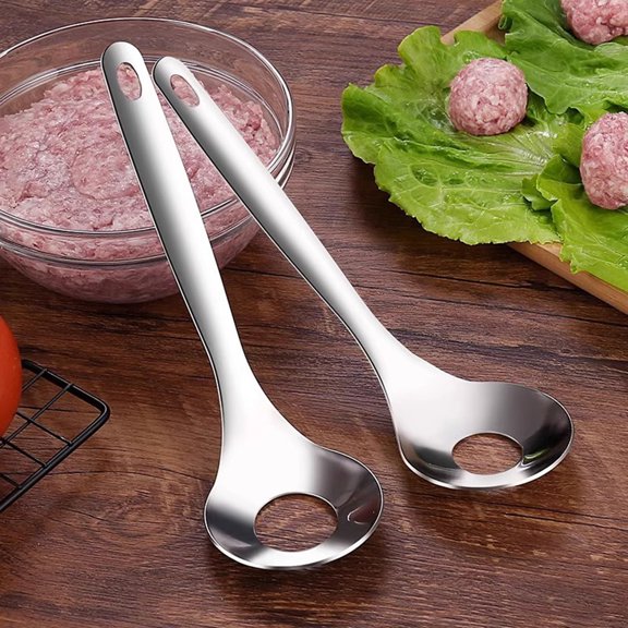 Fmxomd Silver Meatball Maker Spoon, 2PCS Stainless Steel Meatball Scoop Ball Maker Tool, Non-Stick Meatball Maker Meat Baller with Long Handle Fruit and Vegetable Tools