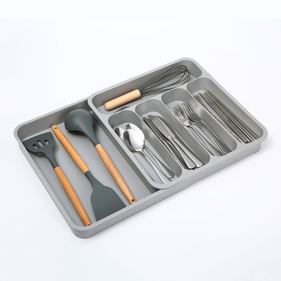 Fmxomd Silverware Drawer Organizer Tray, Plastic Cutlery Storage for Kitchen, Flatware and Utensil Holder Divider for Spoons Forks Knives Tableware, 13 x 14", 5 Slots, Gray