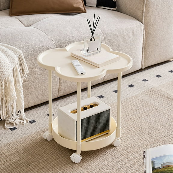 Fmxomd Small Side Table, 2 Tier Moveable Small End Table, Plastic Stand with Storage Basket, 19" Tall Nightstand for Bedroom, Living Room, Sofa, Office, Bathroom (White)