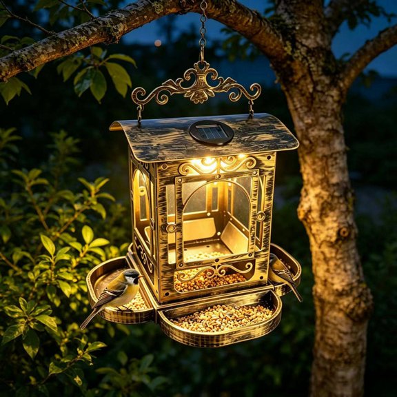 Fmxomd Solar Bird Feeders for Outside Hanging Metal Wild Bird Feeder Solar Lanterns Outdoor Waterproof Garden Decor for Yard Brown