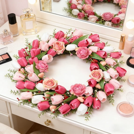 Fmxomd Spring Wreath 16 Inch Summer Wreaths for Front Door Artificial Flower Wreath with Tulip and Lavender for Indoor Outdoor and Easter, Mother's Day Celebration