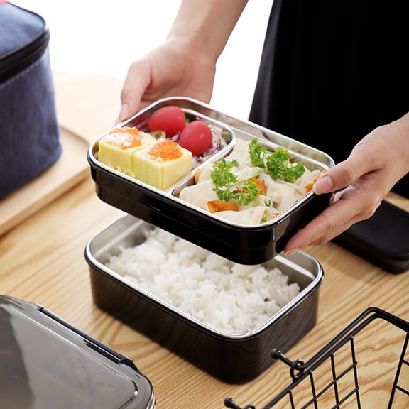 Fmxomd Stainless Steel Bento Box for Adults, Japanese Leakproof Lunch Box Divided Food Meal Storage Containers Set Stackable 2 Layer for Office Picnic Black