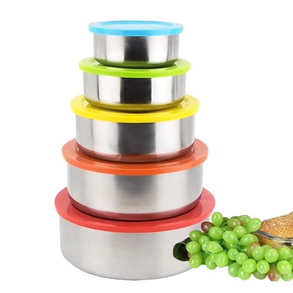 Fmxomd Stainless Steel Containers with Lids - Set of 5, Bright Collection - Leakproof Stainless Steel Food Containers - Nesting Snack Holders - Metal Lunch Box - Portable & Reusable Meal Kit