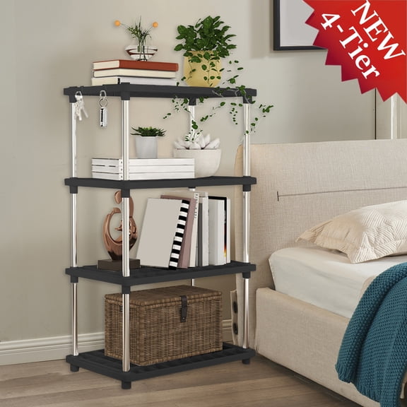 Fmxomd Storage Shelves - 4 Tier Shelf Organizer, Sturdy Plastic Garage Shelving, Space-Saving Shelves Organizer for Pantry, Laundry, Kitchen (15.7" x 8.6" x 31.5", Black)