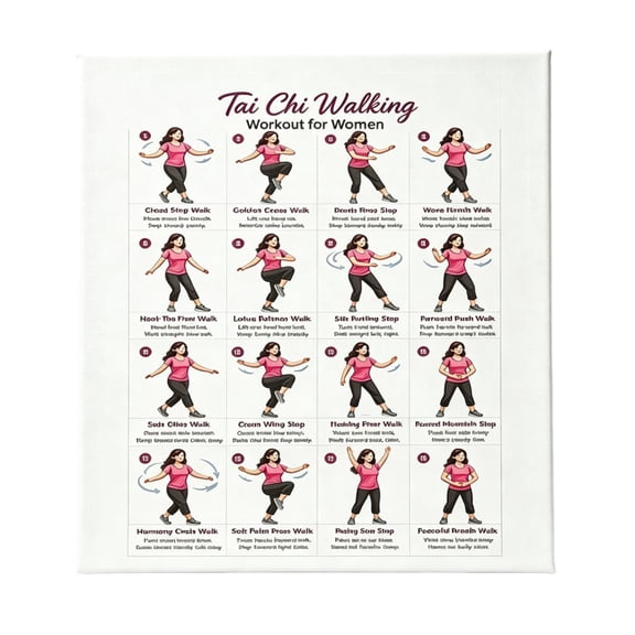 Fmxomd Tai Chi Walking Workout for Women Poster 12x16 inch with Framed Wellness Exercise Chart Canvas Wall Art Balance and Mindful Movement Exercise Prints Living Room Office Apartment Wall Decor