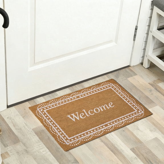 Fmxomd Welcome Mat, Small Sturdy Door Mats for Home Entrance Outdoor Indoor, Front Doormat for Outside Patio Floor Entry Porch Garage Office, Waterproof, Low Profile, 16x24, Khaki White